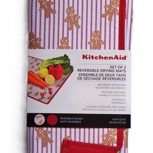 KitchenAid Set of 2 Reversible Drying Mats Gingerbread Man Red Stripes NIP